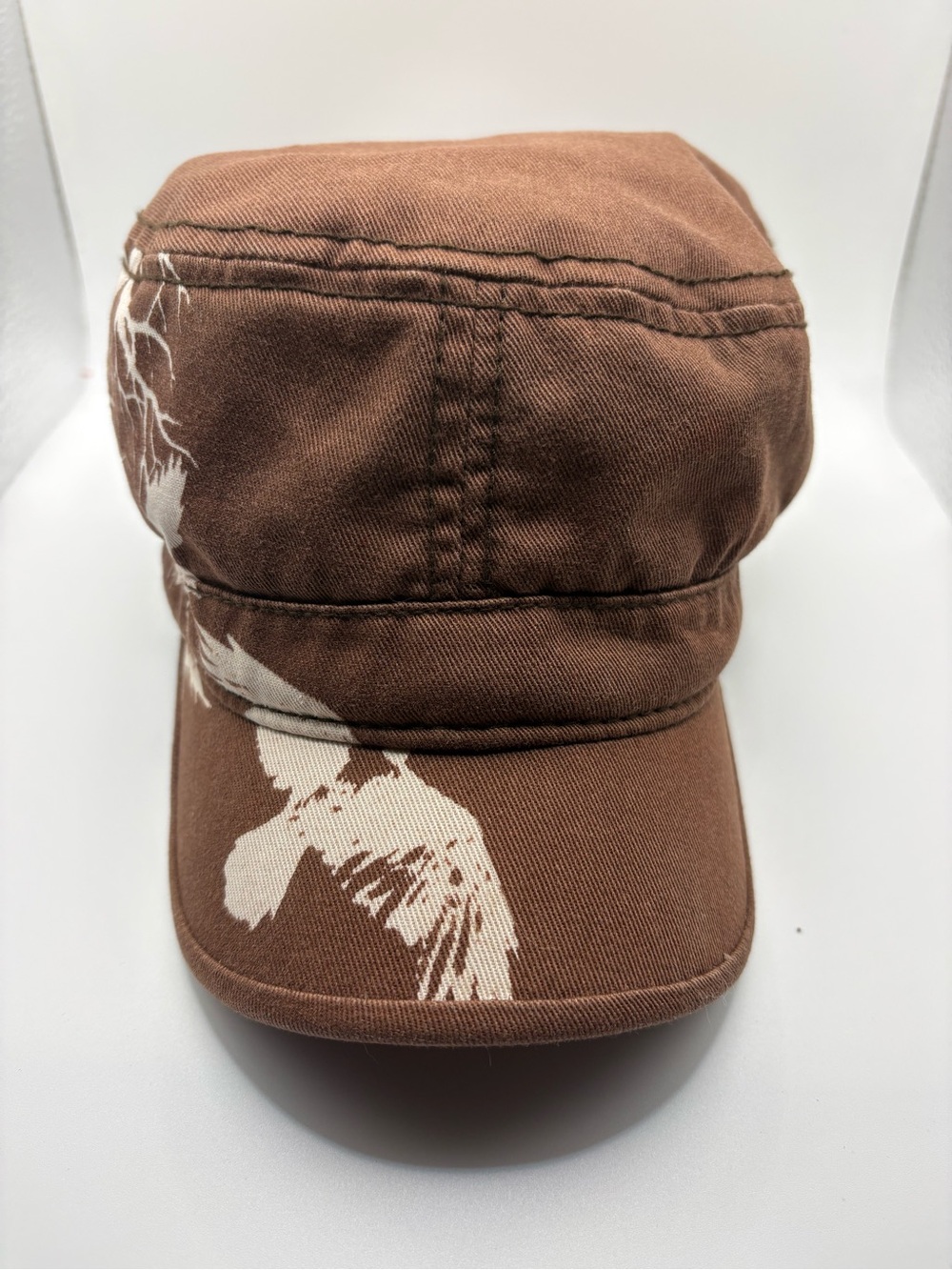 Crowned Brown Cadet Military Hat Bird Tree Graphic Distressed Boho Cap